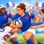Rugbywoman en action sur un terrain en France.