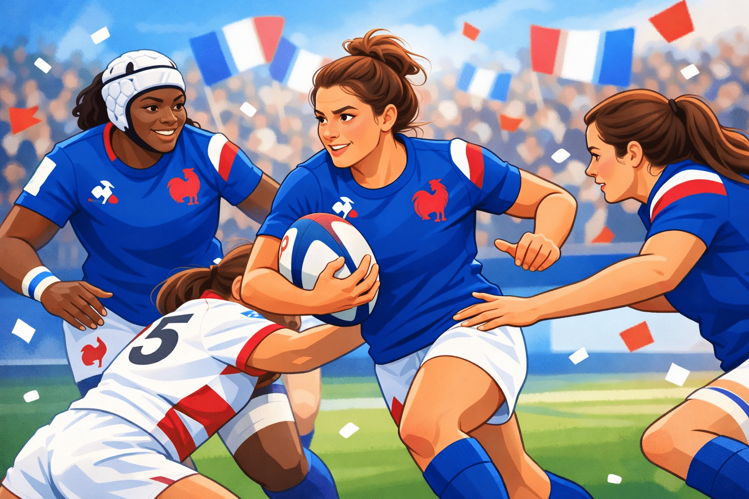 Rugbywoman en action sur un terrain en France.